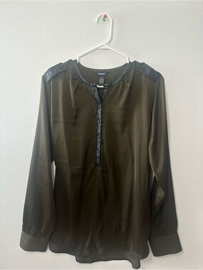Express Olive Green Satin Henley Blouse with Faux-Leather Trim
